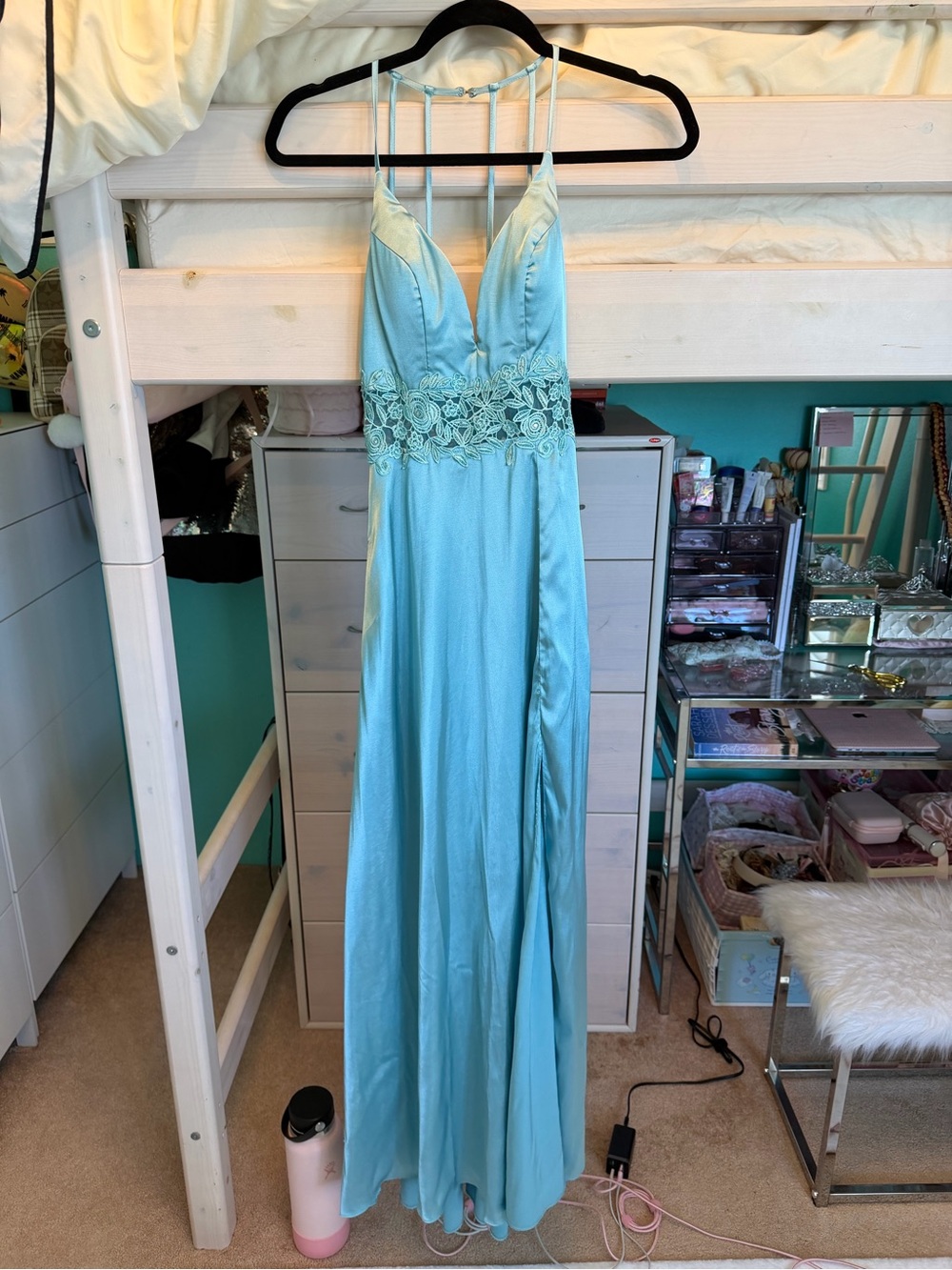 Aqua Lace-Waist Spaghetti Strap Maxi Dress - WITH POCKETS